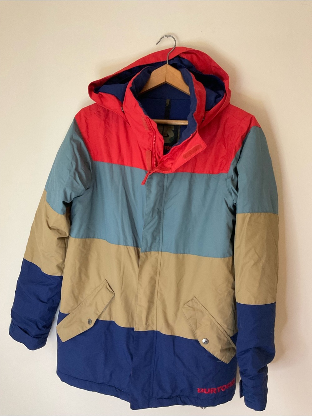 Burton Colorblock Hooded Puffer Jacket - Red/Blue/Green/Tan